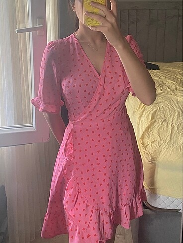 m Beden pembe Renk kalp desenli pembe elbise
