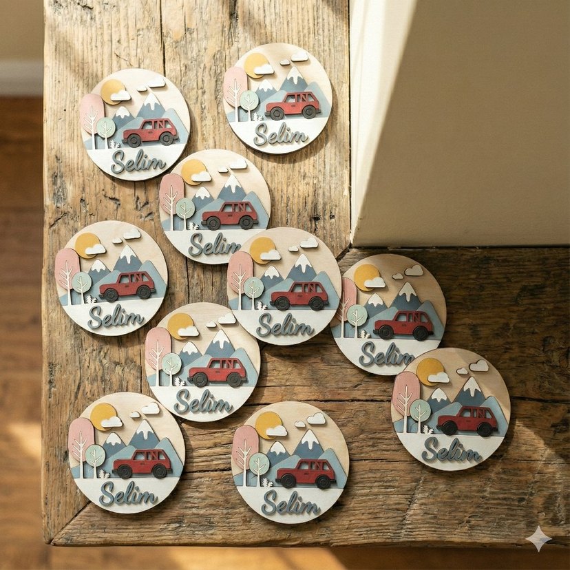 Kişiye Özel Kırmızı Ahşap Araba Figürlü Dekor - Görsel 3