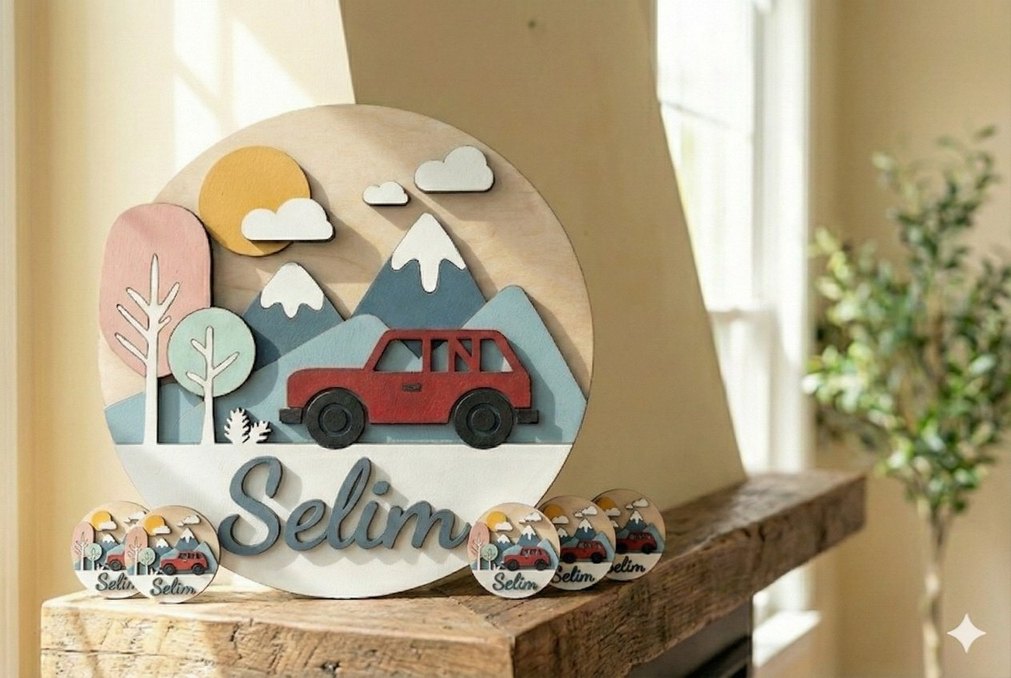 Kişiye Özel Kırmızı Ahşap Araba Figürlü Dekor - Görsel 2