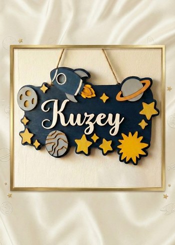 Uzay Temalı Ahşap Kapı Süsü - Mavi - Görsel 2