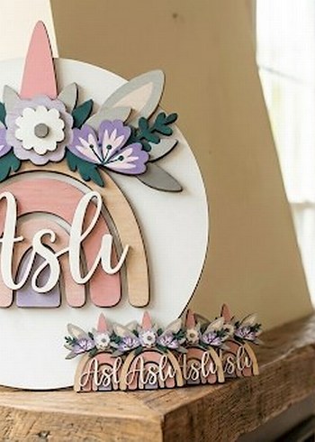 Pastel Renkli Ahşap Unicorn Duvar Süsü - Görsel 2