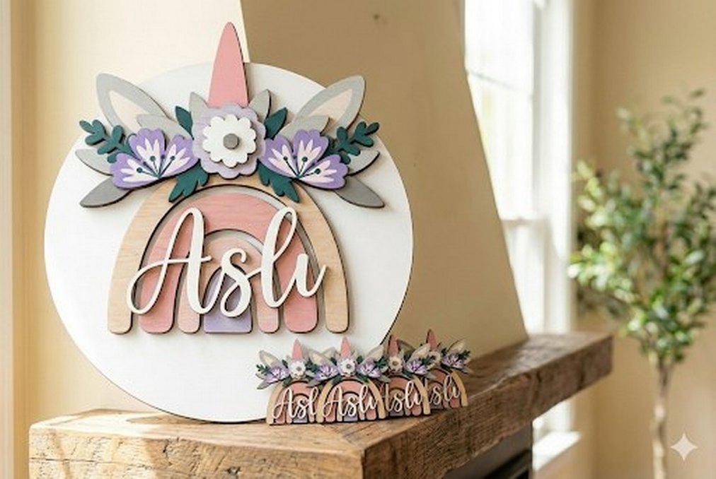 Pastel Renkli Ahşap Unicorn Duvar Süsü - Görsel 2