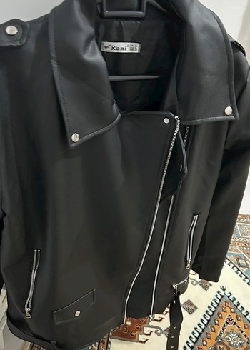 Kemerli Siyah Deri Biker Ceket - Görsel 2