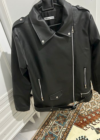 Kemerli Siyah Deri Biker Ceket - Görsel 4