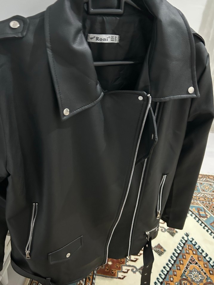 Siyah Deri Kadın Biker Ceket - Görsel 4