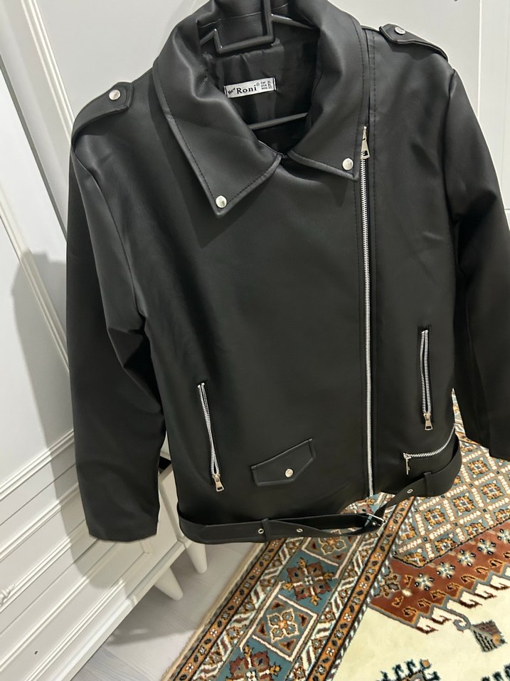 Siyah Deri Kadın Biker Ceket - Görsel 3