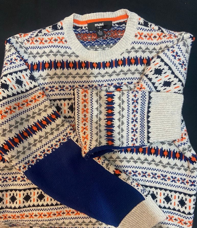 Mavi Erkek Çok Renkli Desenli Triko Kazak - Görsel 2