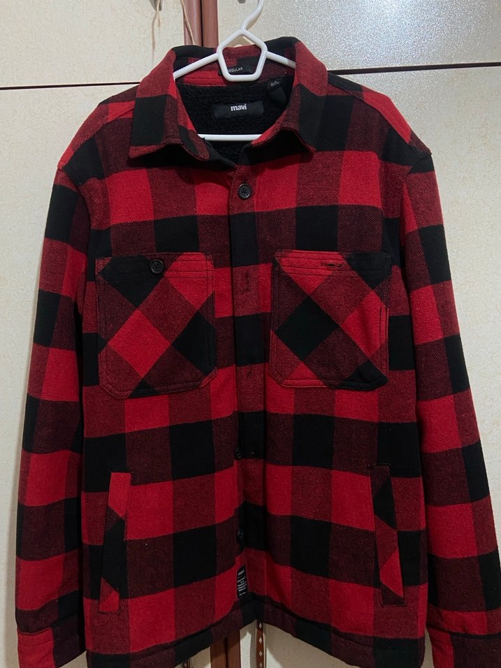 Kırmızı Siyah Ekose Rahat Kesim Erkek içi kürk ceket - Görsel 2