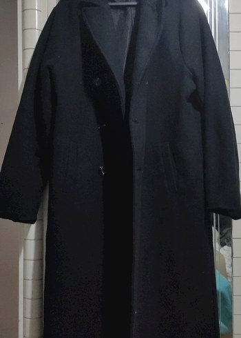 Uzun Siyah Kaşe Kaban L oversize - Görsel 2