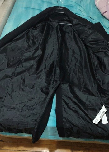 Uzun Siyah Kaşe Kaban L oversize - Görsel 5