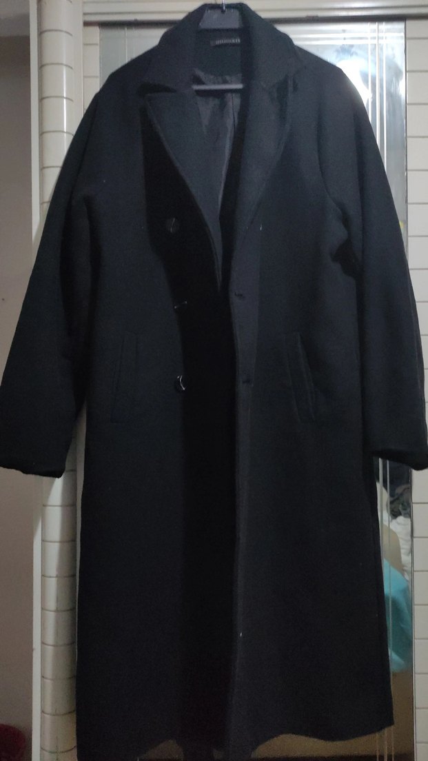 Uzun Siyah Kaşe Kaban L oversize - Görsel 2