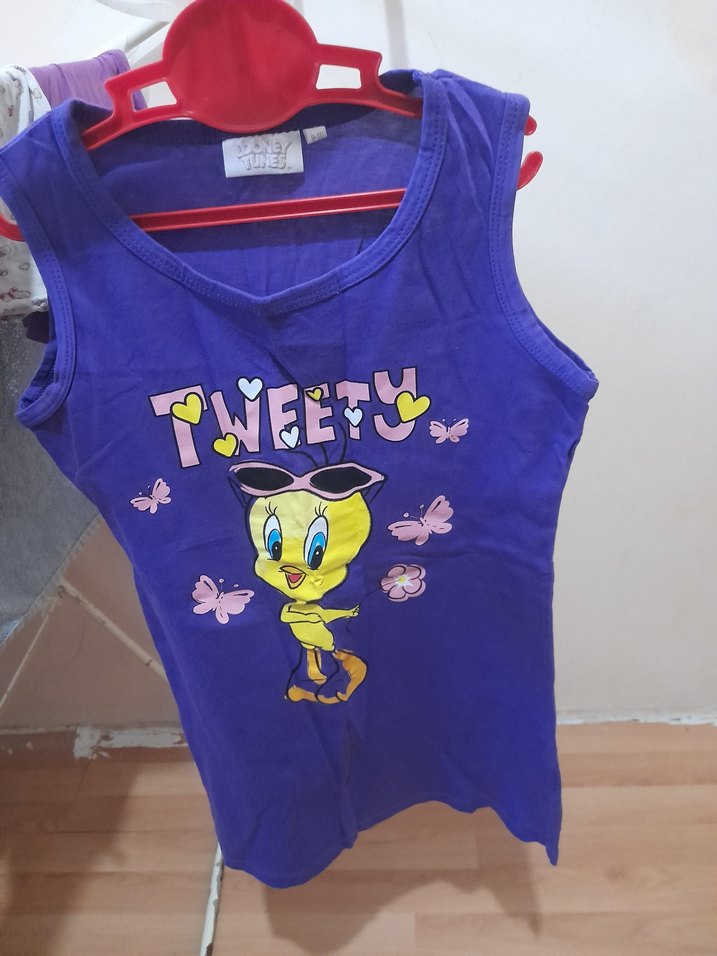 Kız Çocuk Mavi Baskılı Kolsuz elbise - Görsel 3