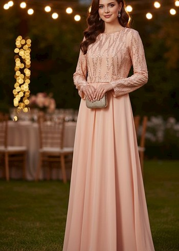 Bej Nakışlı Uzun Kollu Abiye Elbise - Görsel 2