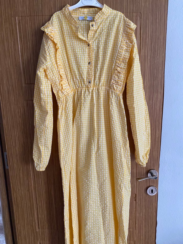 Uzun Kollu Sarı Fırfırlı Bohem Elbise - Görsel 2