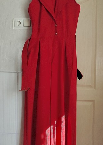 Kırmızı Uzun Askılı Kuşaklı Tulum - Görsel 3