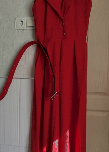 Kırmızı Uzun Askılı Kuşaklı Tulum - Görsel 2