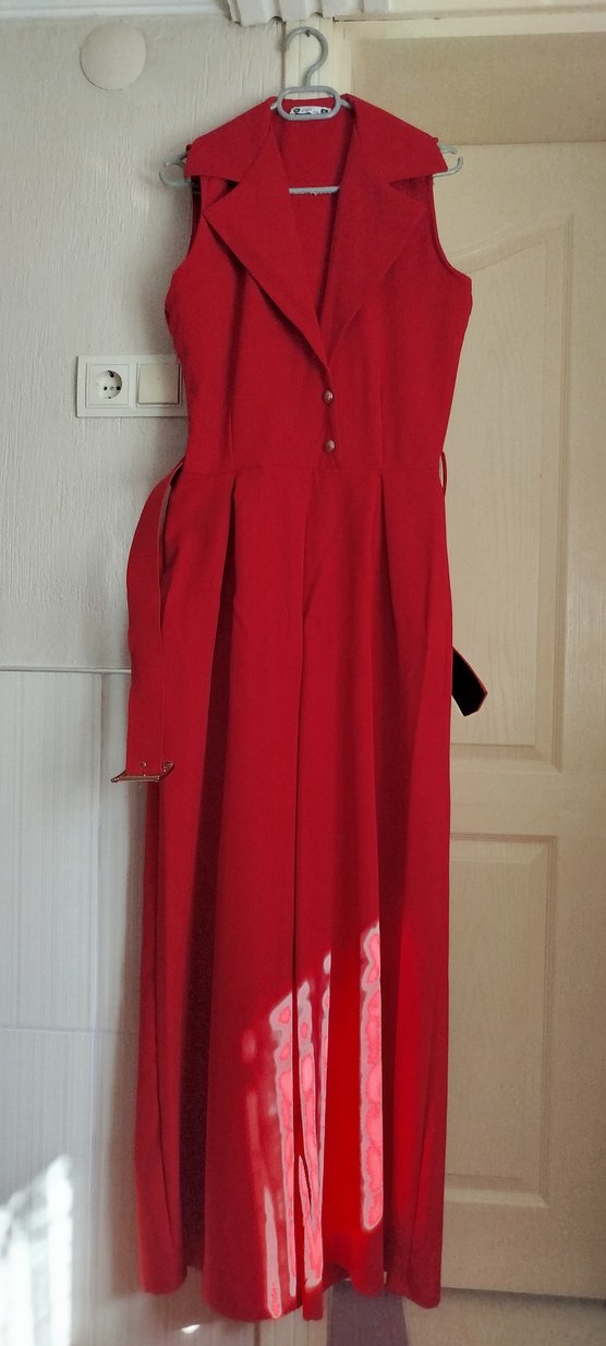 Kırmızı Uzun Askılı Kuşaklı Tulum - Görsel 3