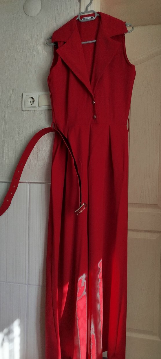 Kırmızı Uzun Askılı Kuşaklı Tulum - Görsel 2