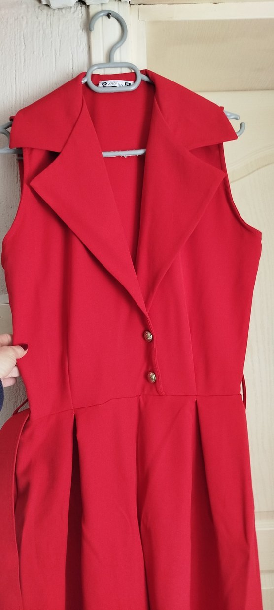 Kırmızı Uzun Askılı Kuşaklı Tulum - Görsel 5