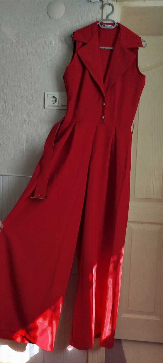 Kırmızı Uzun Askılı Kuşaklı Tulum - Görsel 4