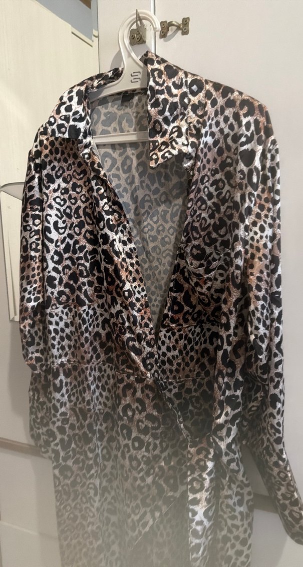 Uzun Kollu Kahverengi Yılan Desenli Kadın Elbisesi - Görsel 2