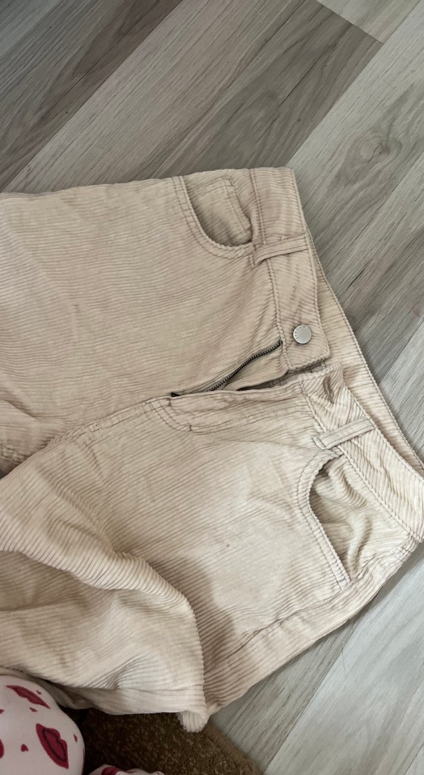 Bej Düğmeli Keten Kadın Pantolon - Görsel 3