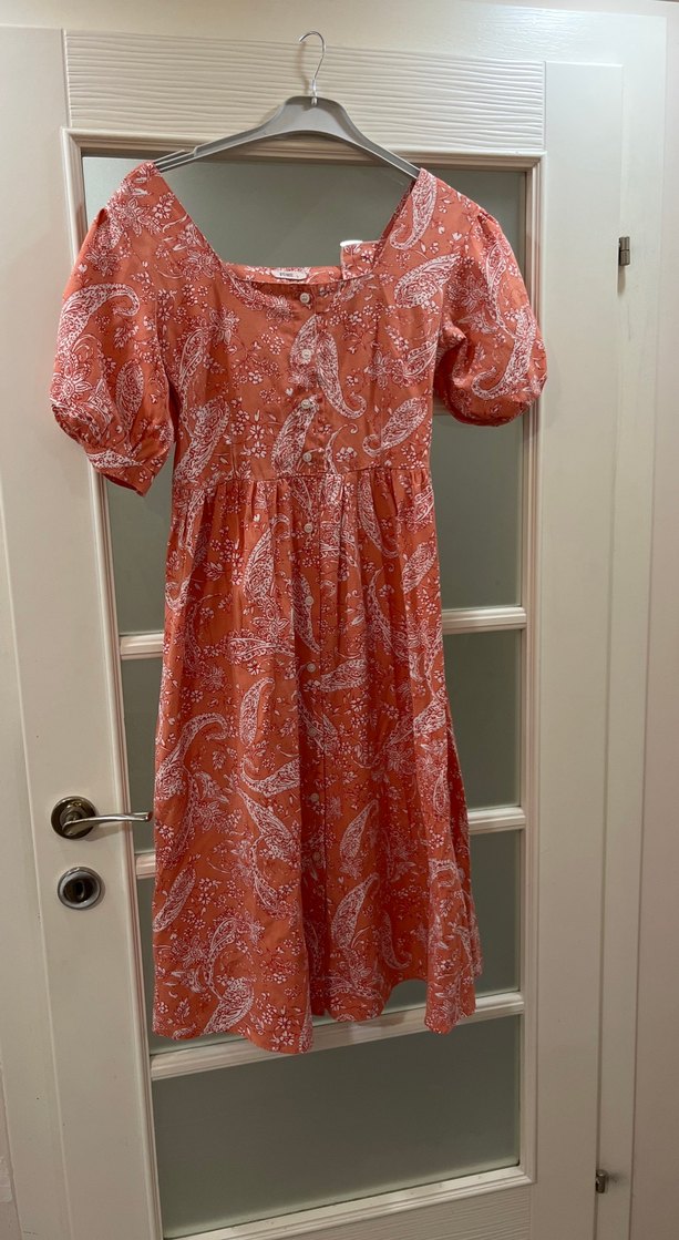 Düğmeli açık turuncu Bohem Uzun Elbise - Görsel 3