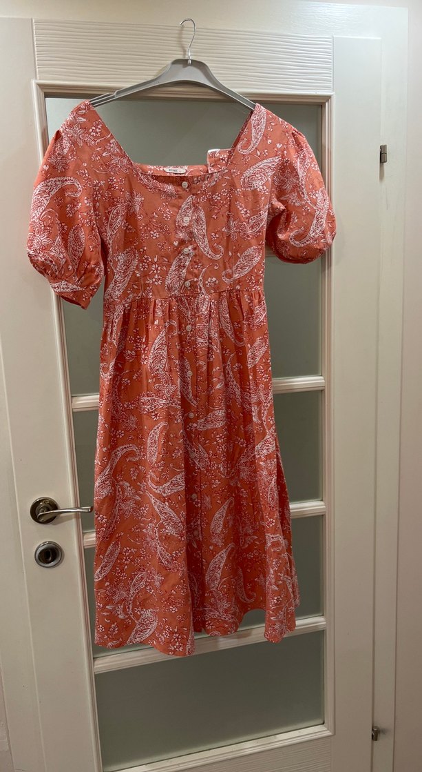 Düğmeli açık turuncu Bohem Uzun Elbise - Görsel 4