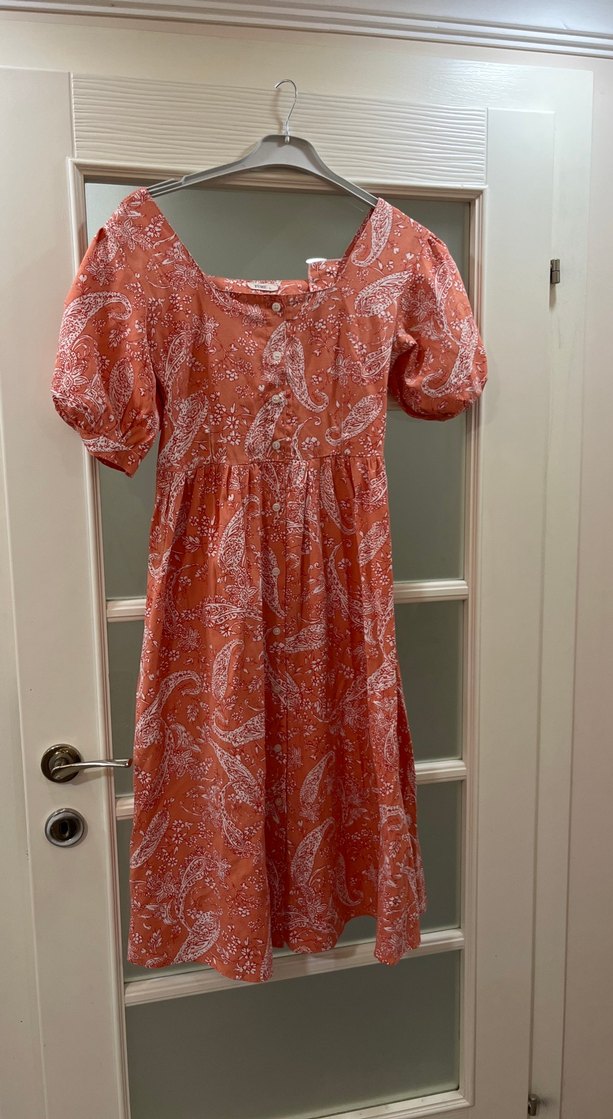 Düğmeli açık turuncu Bohem Uzun Elbise - Görsel 2