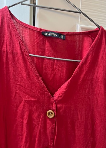 Kırmızı Düğmeli Midi Keten Elbise - Görsel 5