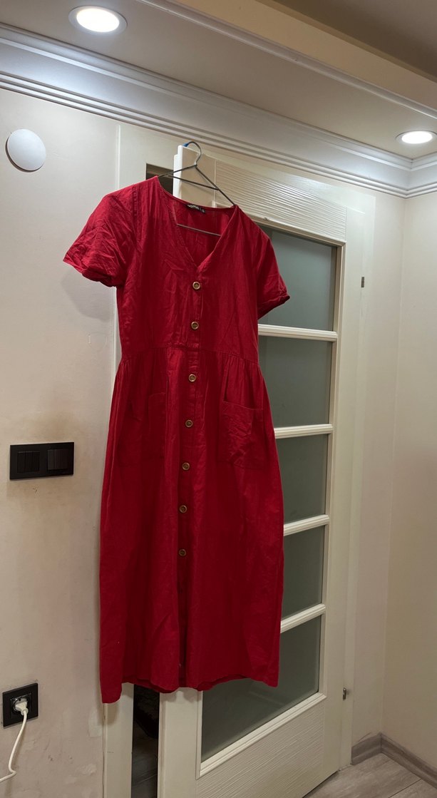 Kırmızı Düğmeli Midi Keten Elbise - Görsel 2