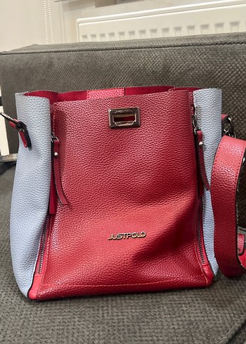 Kırmızı Gri Deri Fermuarlı Kadın Çanta - Görsel 2