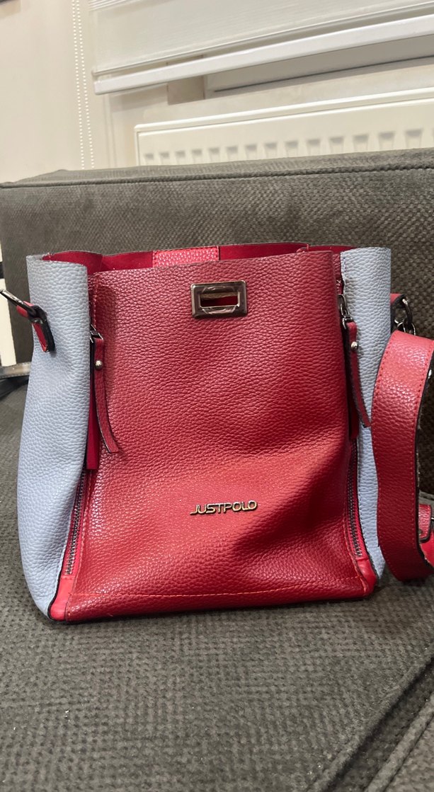 Kırmızı Gri Deri Fermuarlı Kadın Çanta - Görsel 2