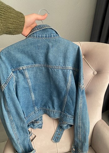Kadın Mavi Kot Ceket, Kemer Detaylı - Görsel 3