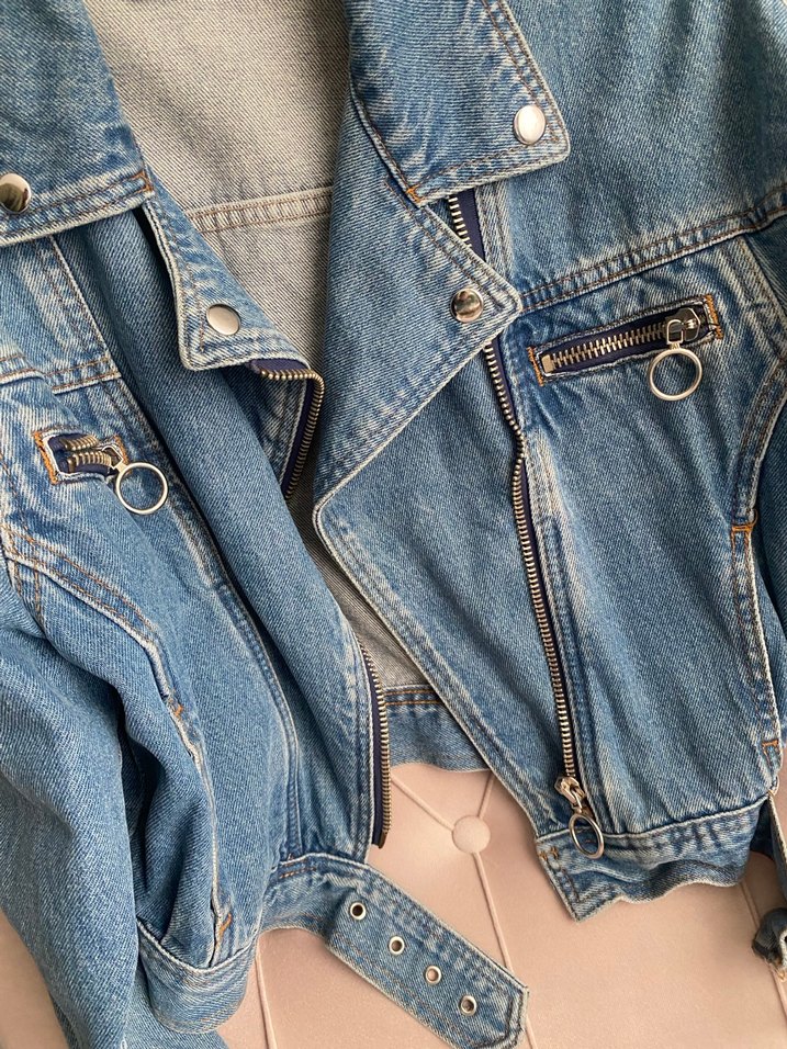 Kadın Mavi Kot Ceket, Kemer Detaylı - Görsel 2