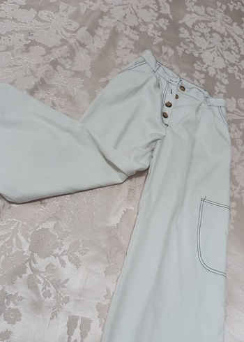 Düğmeli Beyaz Kadın kumaş Pantolon - Görsel 3