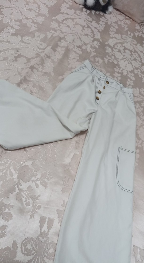 Düğmeli Beyaz Kadın kumaş Pantolon - Görsel 3