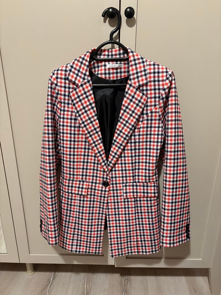 Düğmeli Kırmızı Ekose Kadın Blazer Ceket - Görsel 2