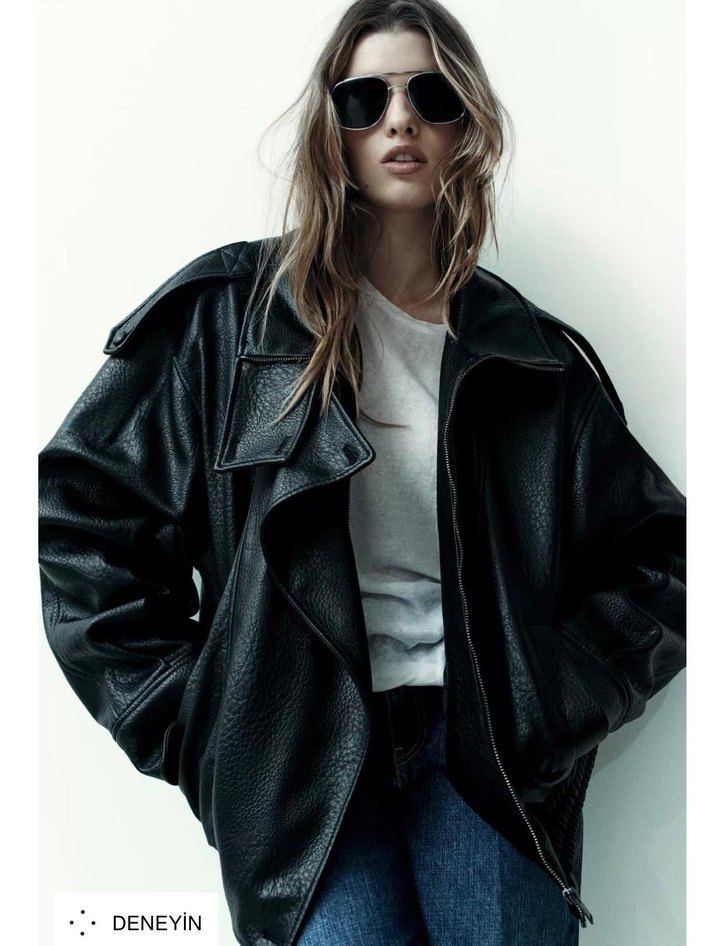 Kadın Siyah Deri Biker Ceket - Görsel 2