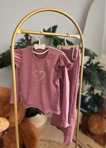 Pembe Örgü Kız Takımı Uzun Kollu  fitilli - Görsel 2