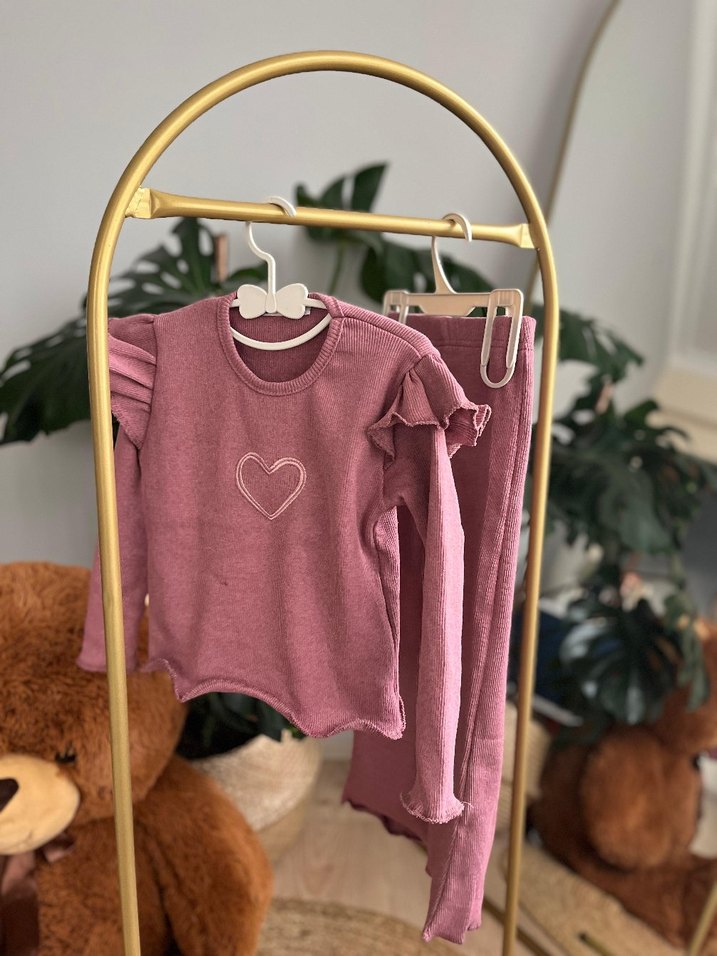 Pembe Örgü Kız Takımı Uzun Kollu  fitilli - Görsel 2