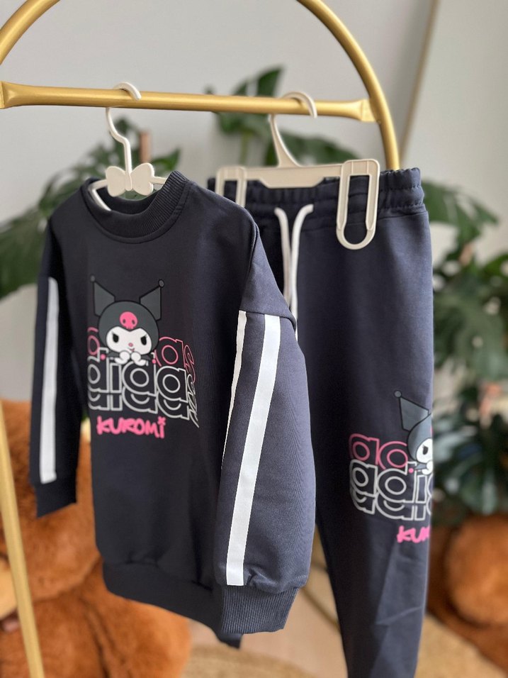 Kız Çocuk Siyah Baskılı Örme Eşofman Takımı - Görsel 2