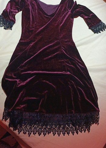 Bordo Kadife Midi Elbise Dantel Detaylı - Görsel 2