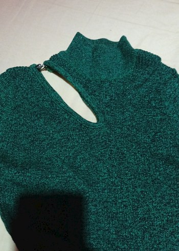 Örgü Kumaşlı Uzun Yeşil Balıkçı Yaka Elbise - Görsel 2