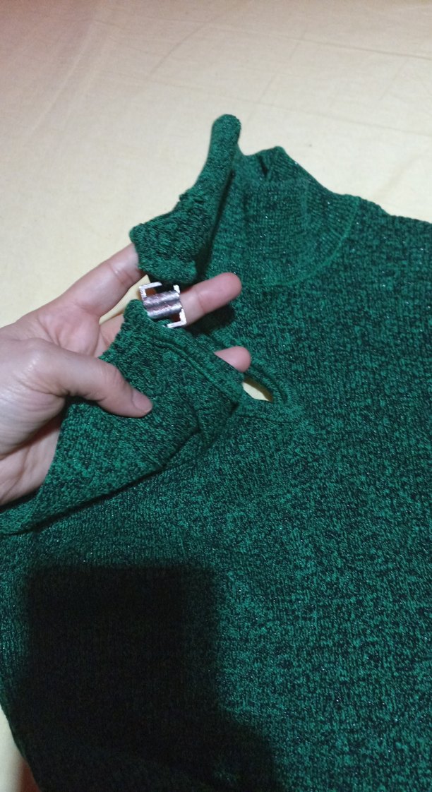 Örgü Kumaşlı Uzun Yeşil Balıkçı Yaka Elbise - Görsel 3