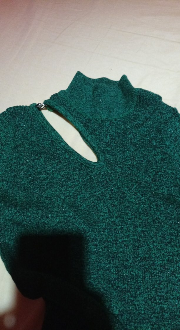 Örgü Kumaşlı Uzun Yeşil Balıkçı Yaka Elbise - Görsel 2