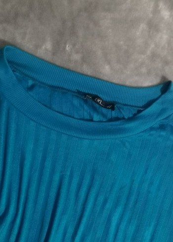 Kadın Mavi Piliseli Uzun Kollu Keten Bluz - Görsel 2