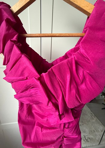 Parlak Pembe Drapeli Midi Abiye Elbise - Görsel 4