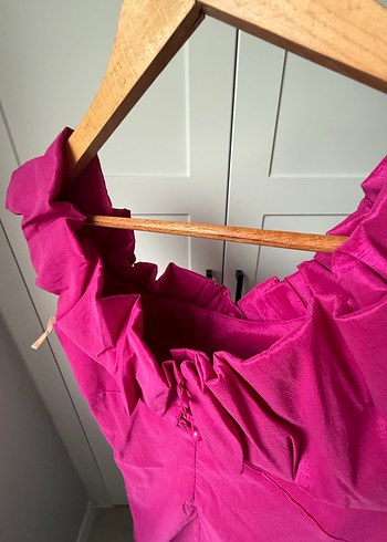 Parlak Pembe Drapeli Midi Abiye Elbise - Görsel 5