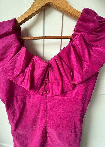 Parlak Pembe Drapeli Midi Abiye Elbise - Görsel 3